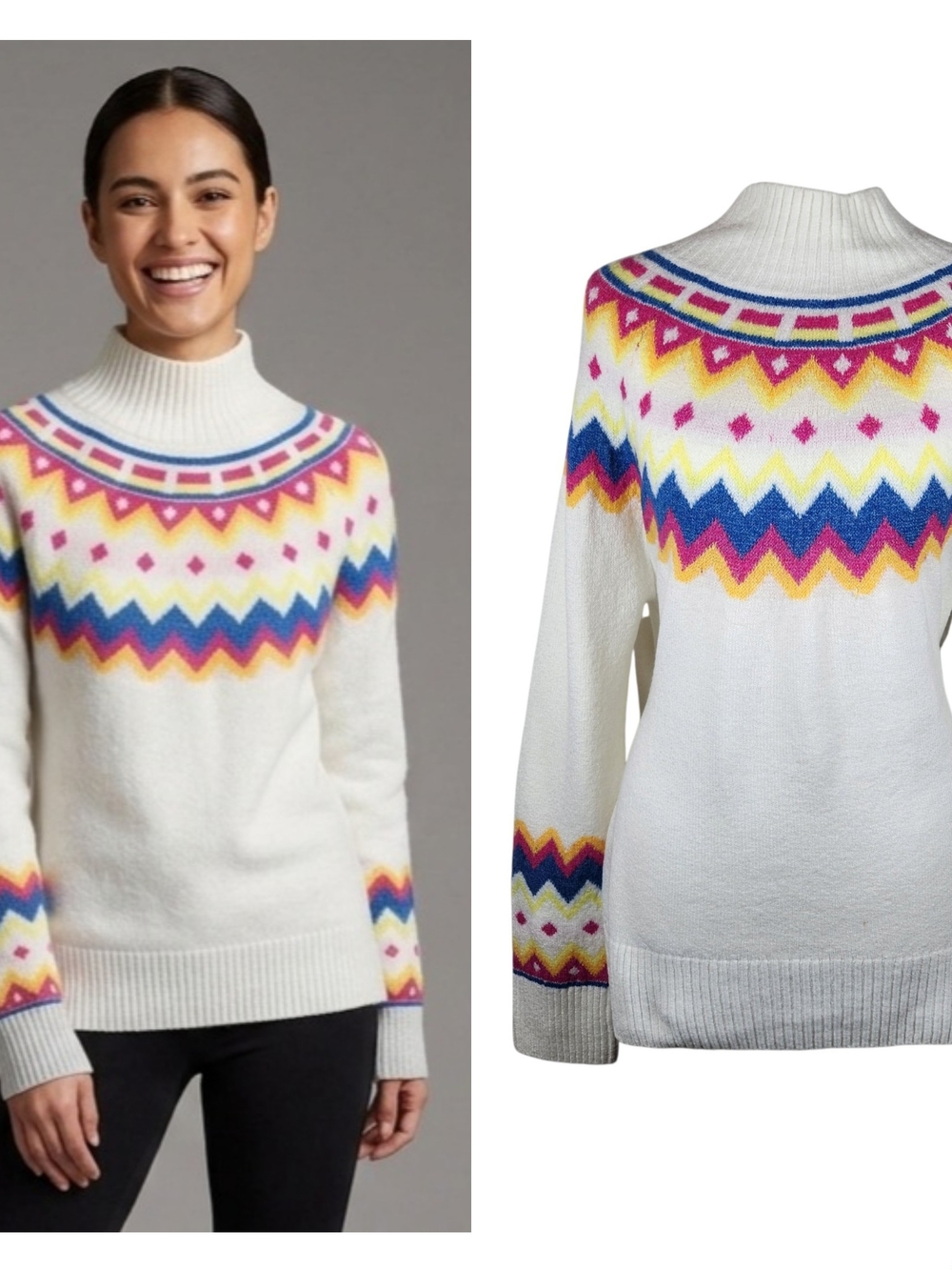 Vince Camuto Fair Isle Yoke Mock Neck Ribbed Knit  Sweater Long Sleeve Size S